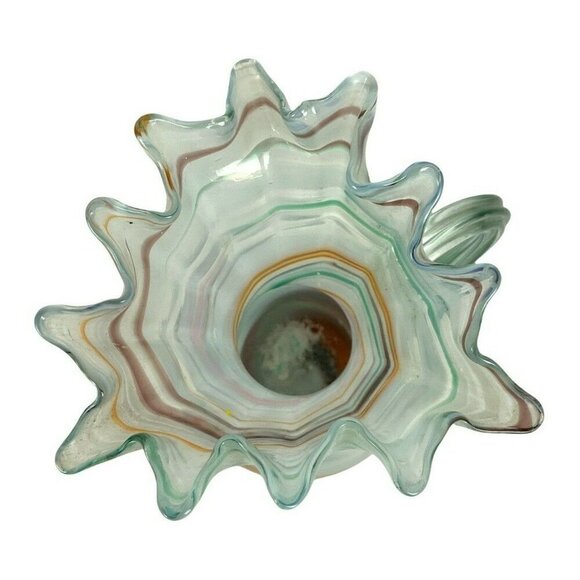 Hand-Blown Art Glass Pitcher Vase With Ruffled Spout & Swirl Pattern 7 inch Tall - Picture 5 of 6